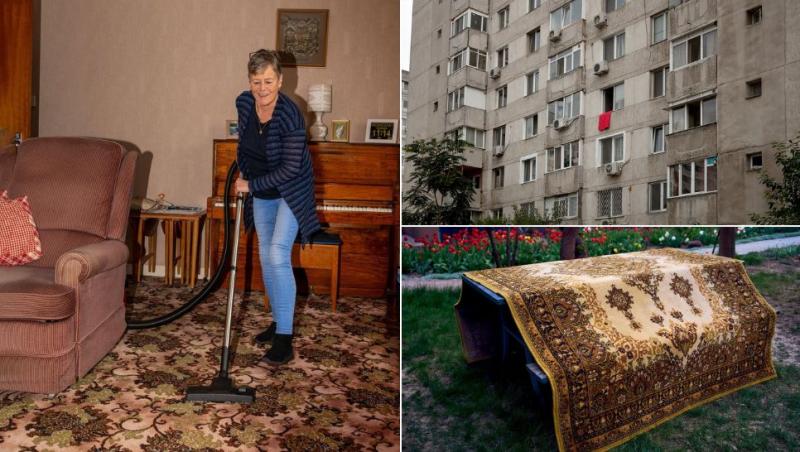 colaj femeie în vârstă care dă cu aspiratorul, bloc de apartamente și un covor pus la uscat pe o masă afară