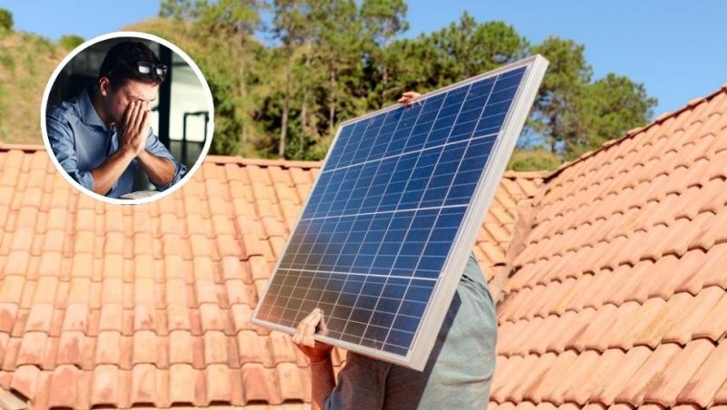 colaj persoană care cară un panou solar pentru a-l instala pe acoperișul unei case și bărbat stresat la birou