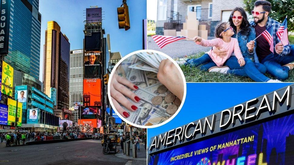 colaj stradă din new york, familie în fața casei cu steagul americii clădire pe care scrie american dream și mână deasupra unor dolari americani