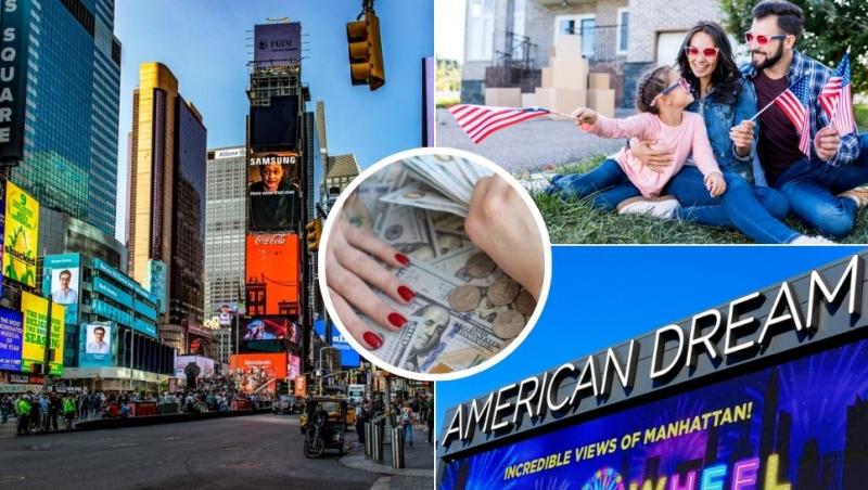 colaj stradă din new york, familie în fața casei cu steagul americii clădire pe care scrie american dream și mână deasupra unor dolari americani