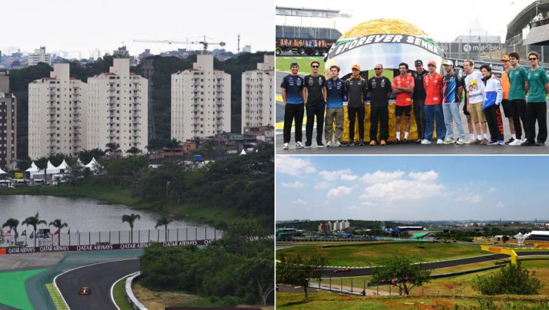 colaj monoposturi formula 1 pe circuitul interlagos, piloții în fața reproducerii unei căști a lui Ayrton Senna