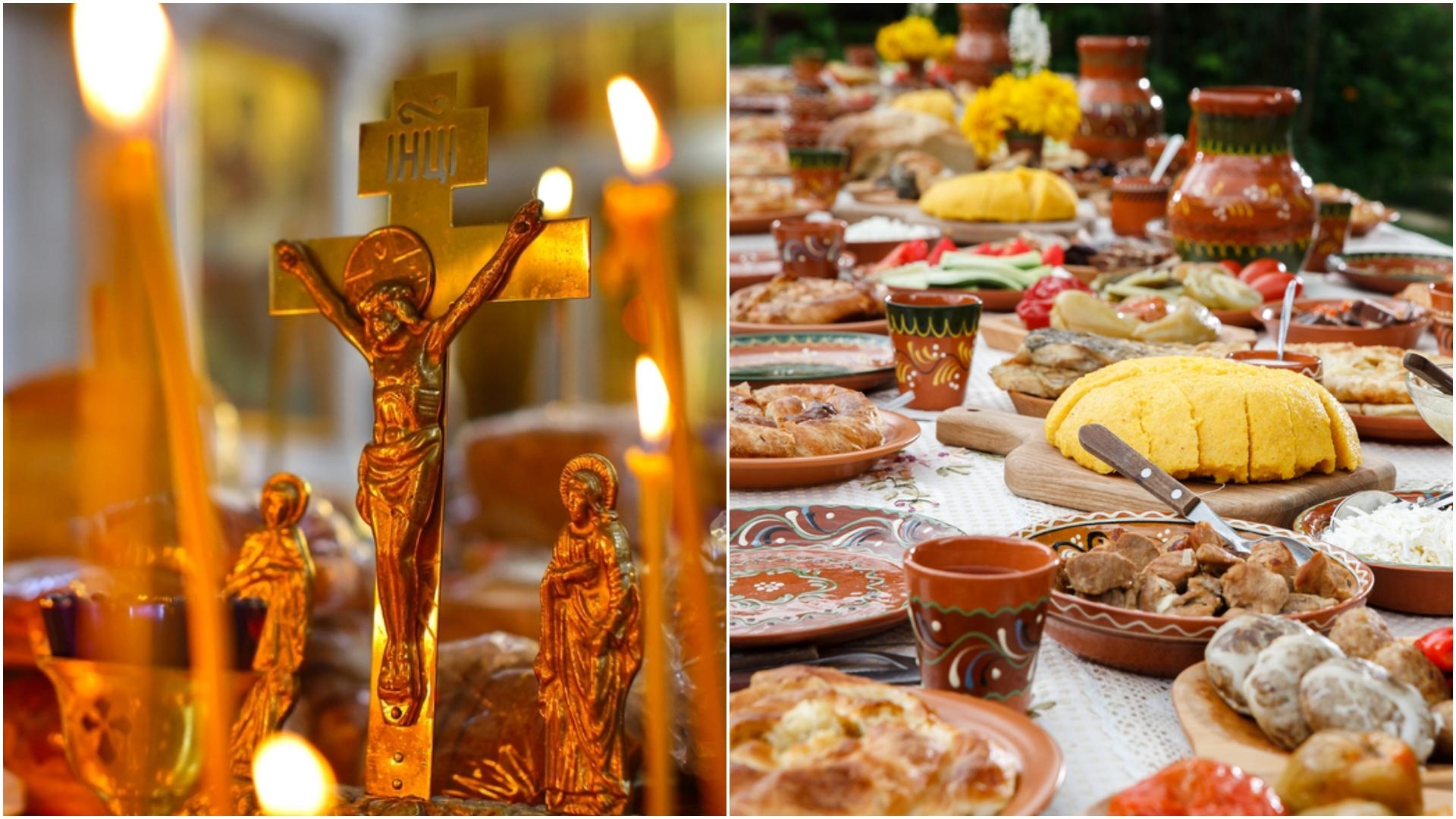 colaj foto cu o cruce si produse traditionale romanesti