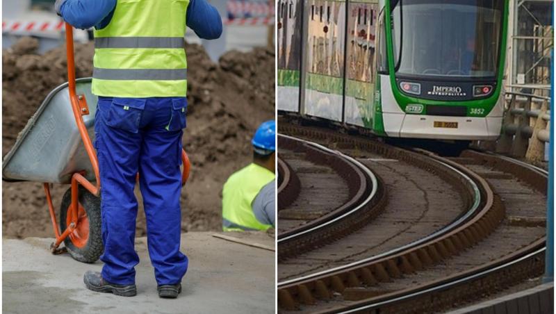 colaj foto cu muncitor si poza cu un tramvai din bucuresti