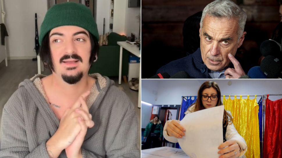 colaj influencer, călin georgescu, femeie care introduce buletinul de vot în urnă