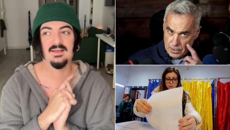 colaj influencer, călin georgescu, femeie care introduce buletinul de vot în urnă