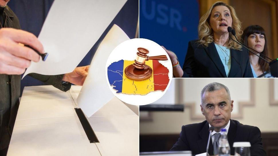 colaj cetațean care introduce buletinul de vot în urnă, elena lasconi, calin georgescu, haarta româniei cu un ciocan deasupra