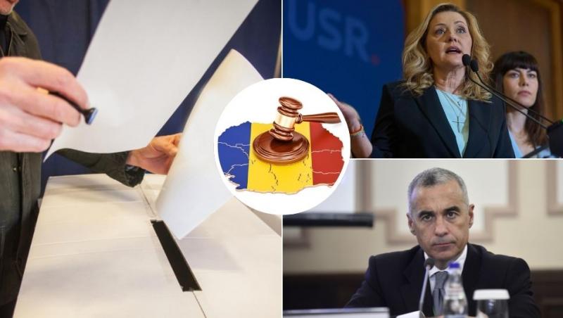 colaj cetațean care introduce buletinul de vot în urnă, elena lasconi, calin georgescu, haarta româniei cu un ciocan deasupra