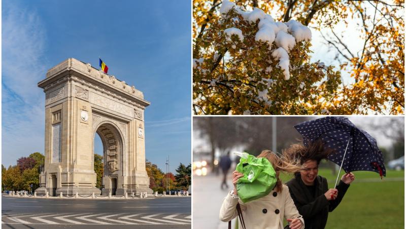 colaj foto cu arcul de triumf, femei cu umbrele si frunze de toamna cu zapada