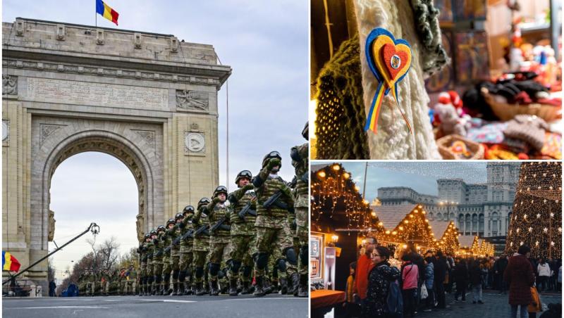 colaj foto cu arcul de triumf si militari si targuri de craciun