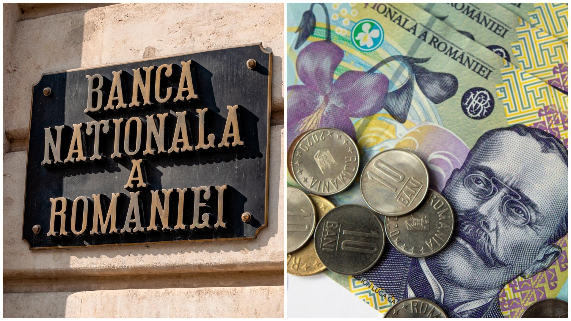 Sigla Banca Națională a României și bancnote de 100 de lei + monede de 50 de bani și de 10 bani