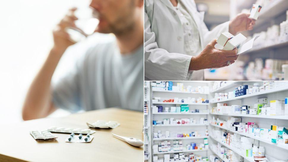 colaj bărbat care ia medicamente, farmacist care citește pe niște cutii de medicamente, rafturi cu medicamente într-o farmacie