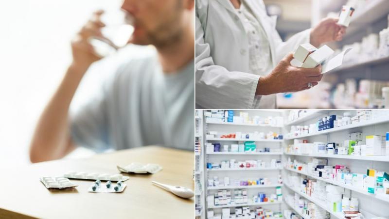 colaj bărbat care ia medicamente, farmacist care citește pe niște cutii de medicamente, rafturi cu medicamente într-o farmacie