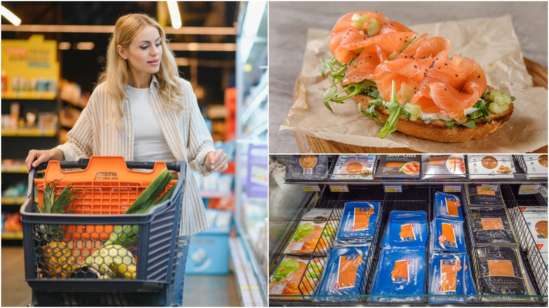 colaj foto femeie in supermarket si somon afumat