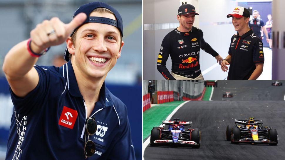 colaj liam lawson, liam lawson și max verstappen, liam lawson și sergio perez în monoposturi formula 1 pe circuit