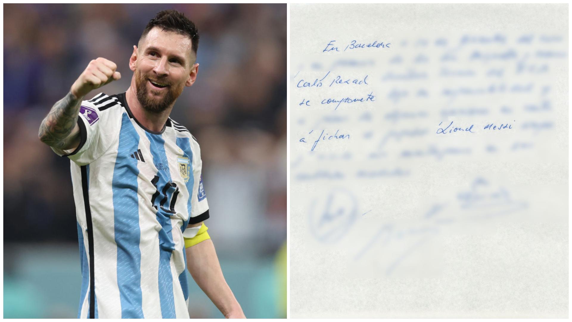 Colaj cu Messi în echipament albastru cu alb și primul lui contract semnat pe un șervețel
