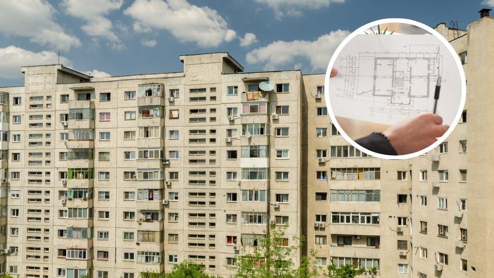 colaj blocuri din București și mână care ține un pix deasupra unui cadastru