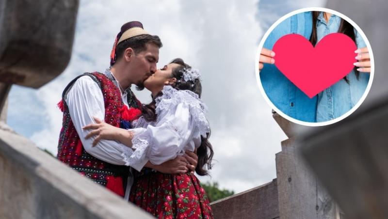 colaj o fată și un băiat în straie populare românești sărutându-se pe balconul unui vastel și două mâini care țin o inimă roșie de hârtie