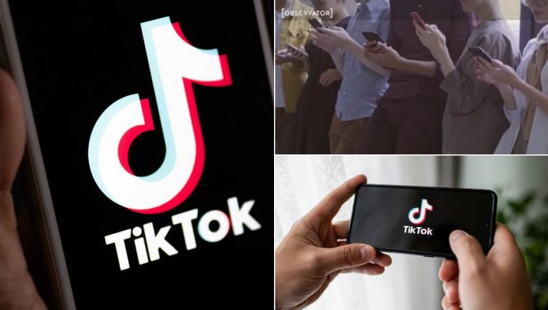 colaj siglă TikTok, telefon ținut în mână pe care apare sigla TikTok și tineri care se uită pe telefon
