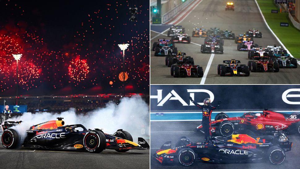 colaj mașina Red Bull de Formula 1 pe pistă și artificii, mașinile de Formula 1 plecând de la start pe circuitul din Bahrain, Max pe mașina Red Bull după câștigarea cursei lângă mașina Ferrari