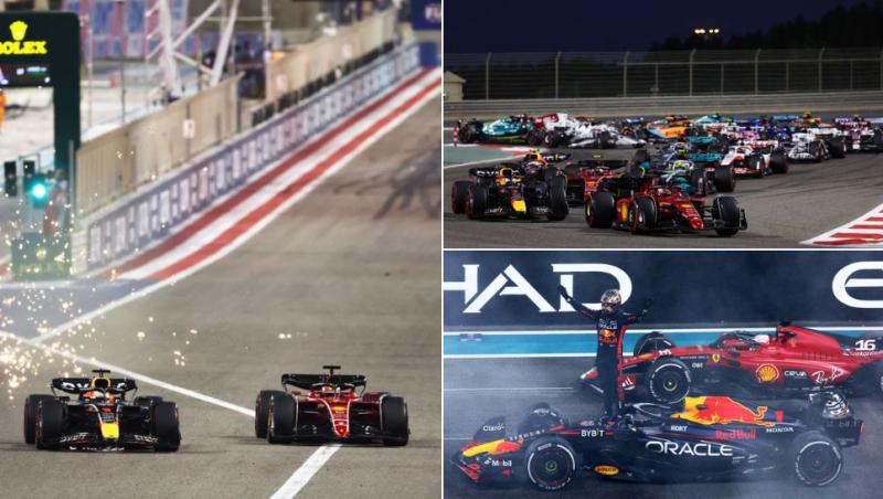 colaj mașinile de Formula 1 de la Red Bull și Ferrari pe pistă, mașinile de Formula 1 în timpul unui tur, max urcat pe mașina Red Bull după victorie lângă mașina Ferrari