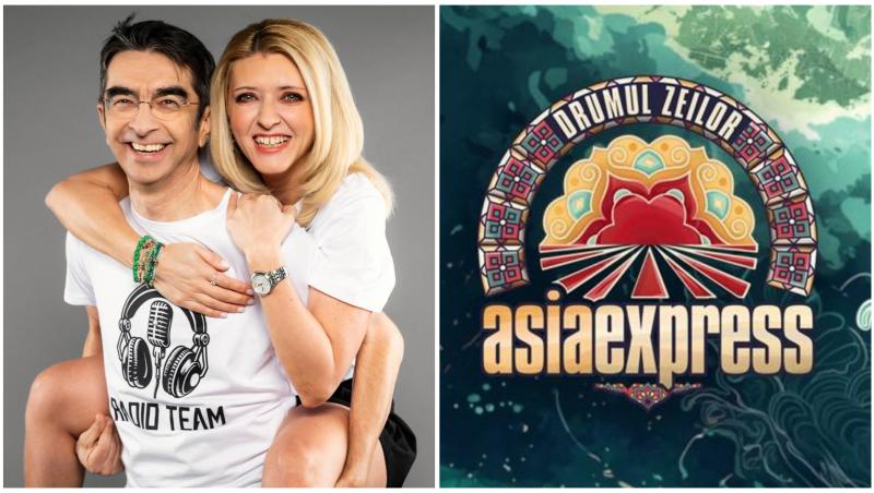 Colaj cu Oana Paraschiv și Mihai Găinușă lângă logo-ul Asia Express sezonul 7 - Drumul Zeilor