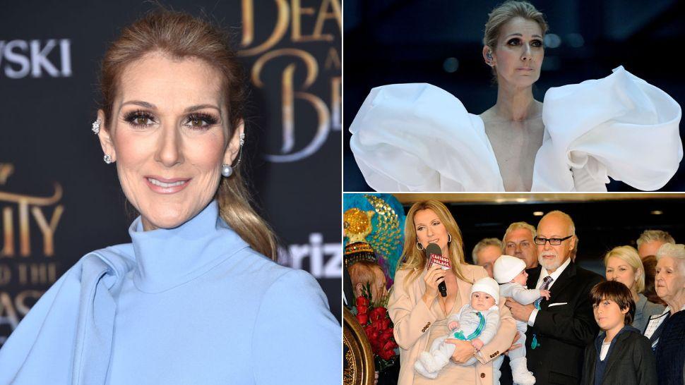 olaj Celine Dion într-o rochie bleu, Celine Dion într-o rochie albă și Celine Dion alături de soțul și cei trei copii