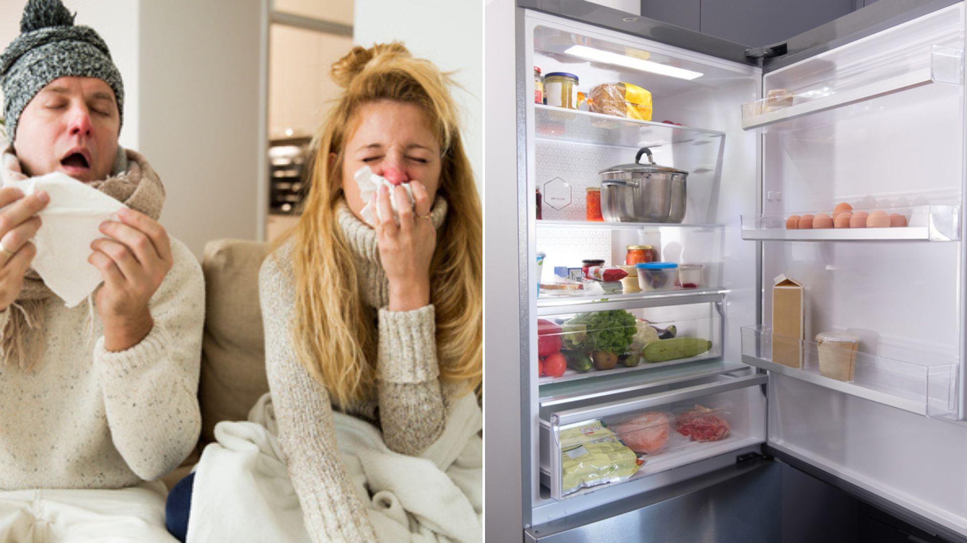 colaj de imagini cu un frigider deschis, cu alimente, și un cuplu cu un barbat si o femeie