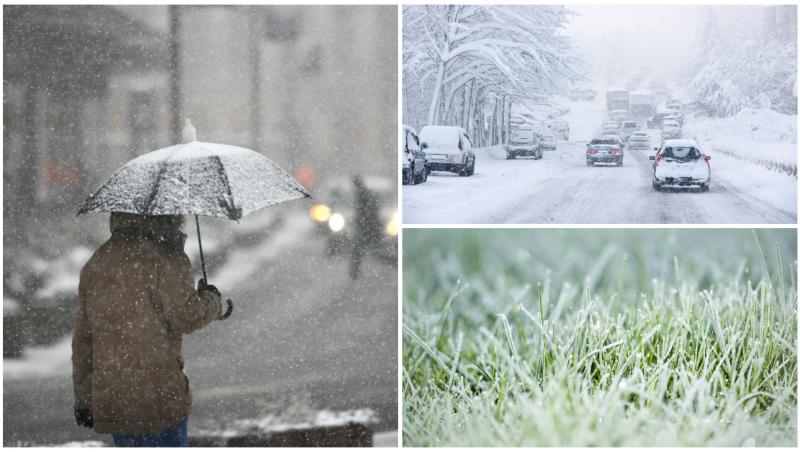 Colaj cu un om care ține umbrela în timp ce ninge, masini cu zăpadă pe ele și iarbă acoperită de chiciură
