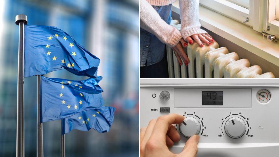 colaj trei steaguri ale uniunii europene, mâini de femeie cu unchii roșii pe calorifer și mână care stează temperatura la o centrală termică de apartament