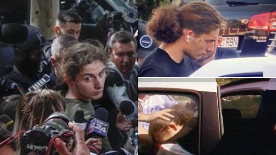 colaj Vlad Pascu în mijlocul reporterilor, Vlad Pascu dus la mașina de Poliție, Vlad Pascu băgat în mașina de Poliție