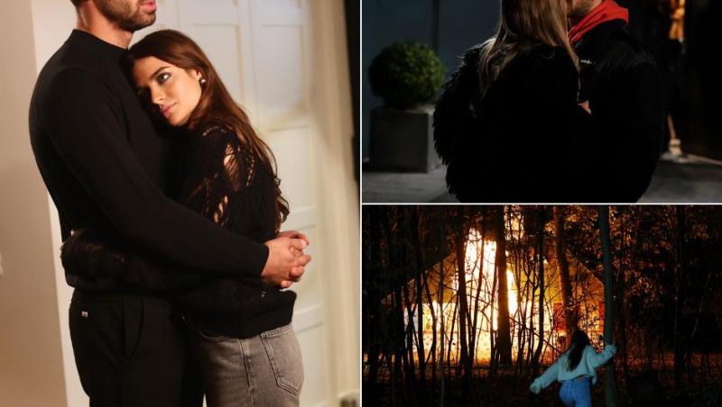 Petru îmbrățișând-o pe Lia, Ema sărutându-l pe Sorin și Lia alergând spre o casă în flăcări