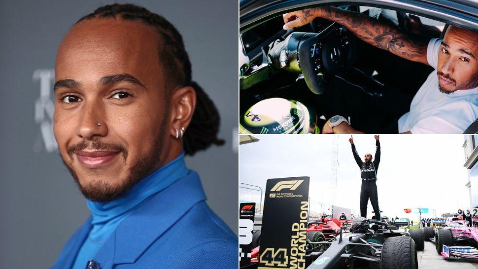 colaj Lewis Hamilton într-un costum albastru pe covorul roșu, Lewis într-un Mercedes AMG, Lewis pe mașina de formula 1 Mercedes după ce a câștigat campionatul mondial