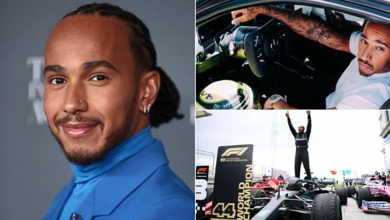 colaj Lewis Hamilton într-un costum albastru pe covorul roșu, Lewis într-un Mercedes AMG, Lewis pe mașina de formula 1 Mercedes după ce a câștigat campionatul mondial