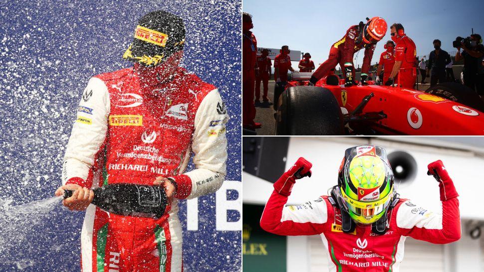 colaj Mick Schumacher pe podium cu șampanie, Mick ieșind din mașină Formula 1, Mick cu casca pe cap și mâinile în aer