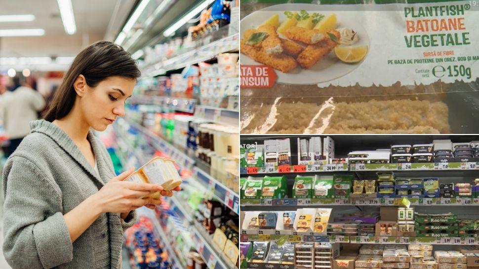 colaj tânără care citește eticheta unui produs dintr-un supermarket, produs de post și produse de post la raft într-un supermarket