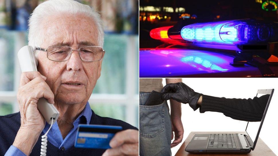 colaj bătrân care vorbește la telefon în timp ce ține un card în mână, girofar de poliție, mână care iese din ecranul unui laptop și sustrage portofelul unui tânăr