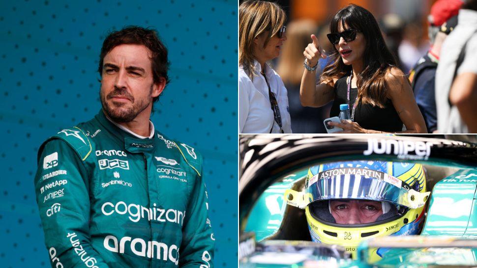 colaj Fernando Alonso pe podium în combinezon Aston Martin, Melissa Jimenez în padoc, Fernando Alonso cu cască în mașina de Formula 1 Aston Martin