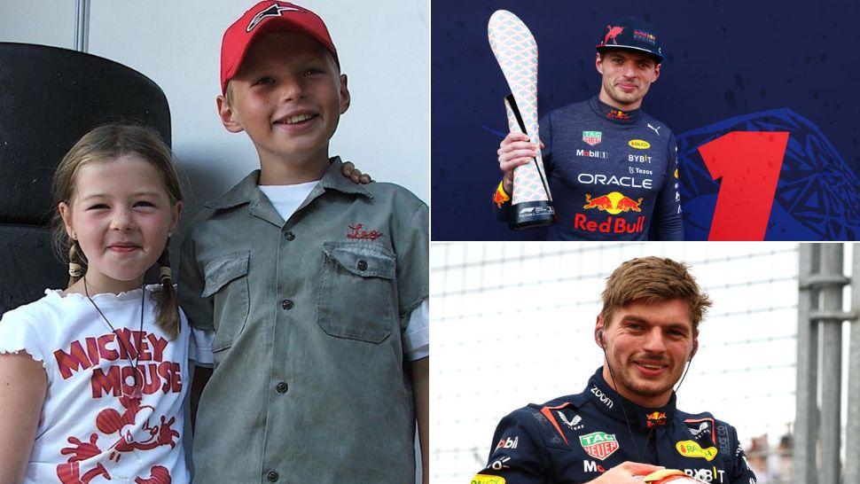 colaj Victoria-Jane Verstappen și Max Verstappen când erau mici, Max Verstappen pe podium după câștigarea campionatului mondial de formula 1 și max verstappen cu casca în mână pe circuit
