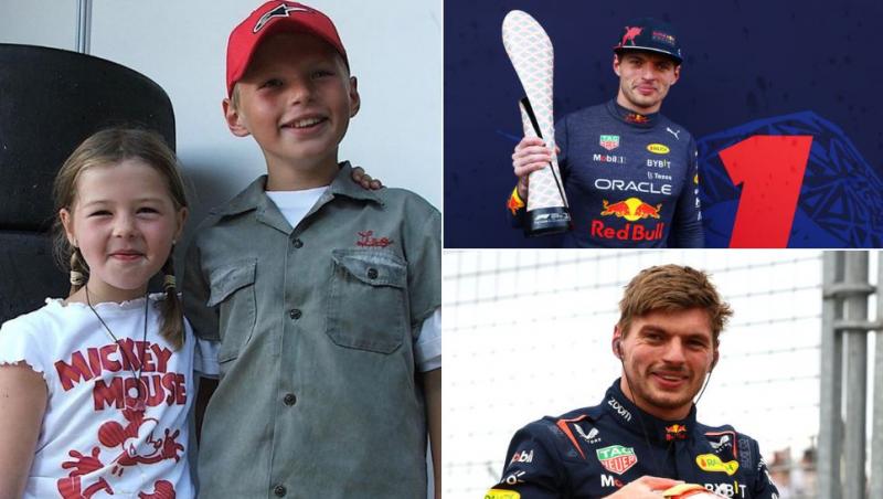 colaj Victoria-Jane Verstappen și Max Verstappen când erau mici, Max Verstappen pe podium după câștigarea campionatului mondial de formula 1 și max verstappen cu casca în mână pe circuit