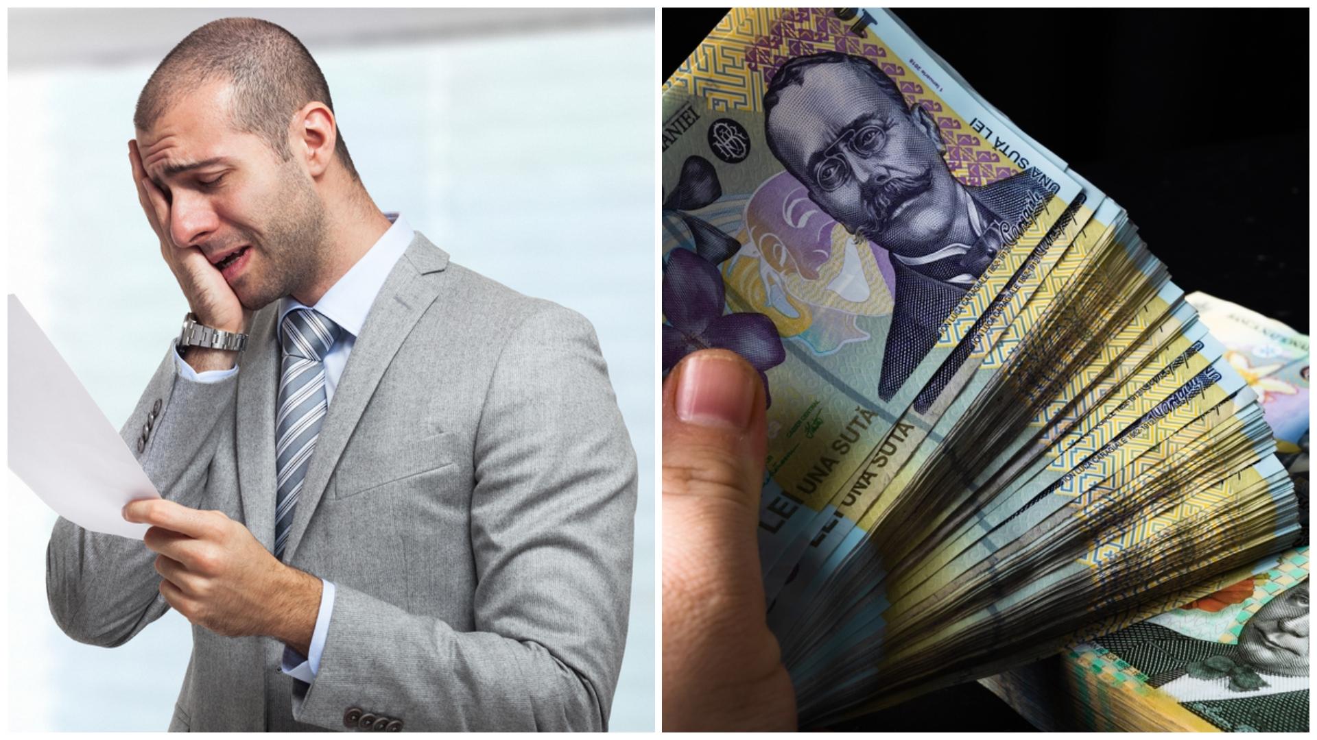 Colaj cu un bărbat care își ține mâna în cap și multe bancnote românești