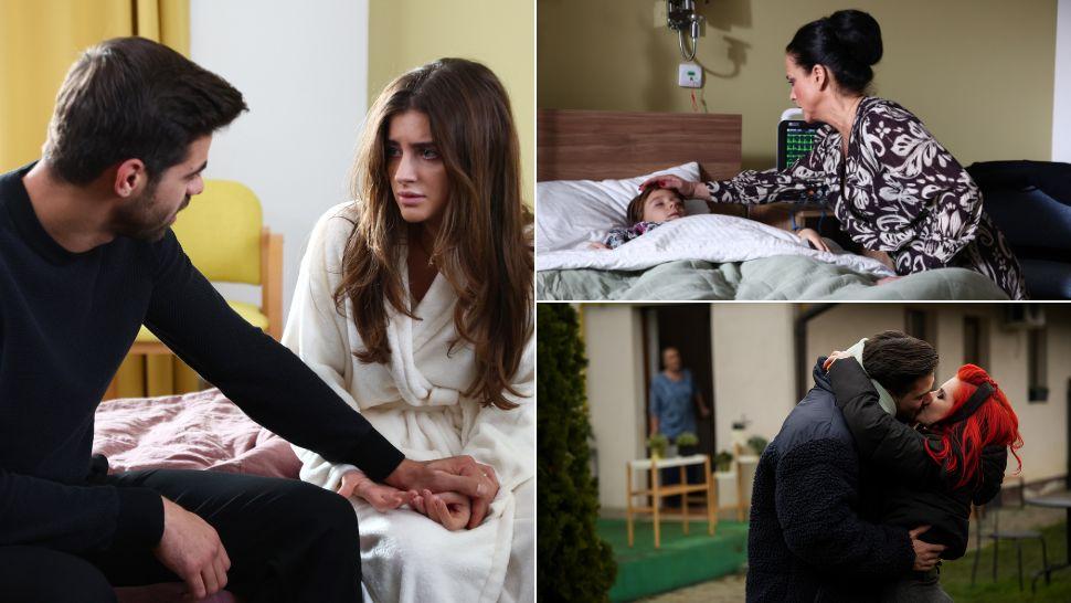 colaj Lia și Petru pe patul de spital, Otilia și Robi în salon, Sorin sărutând-o pe Sia cu Maria pe fundal