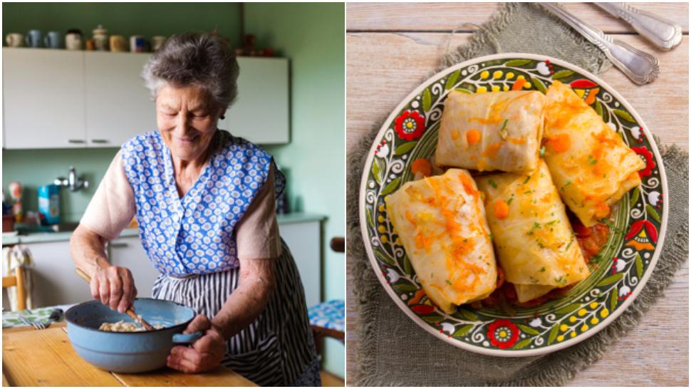 Colaj bunică care gătește sarmale și sarmalele