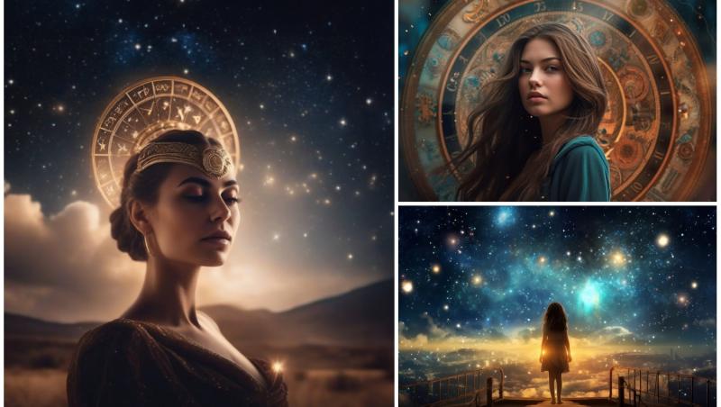 colaj foto cu femeie ce are un halou in dreptul capului, poza cu o femeie si cercul zodiilor si poza cu o femeie ce priveste cerul
