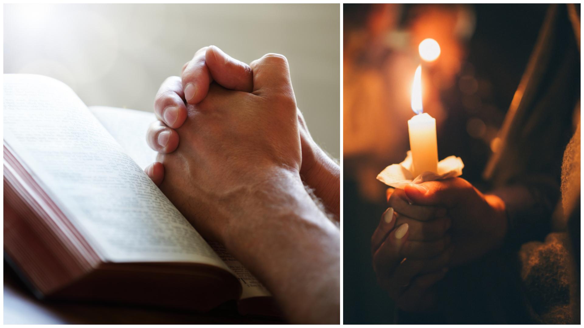 O persoană care se roagă și lumânări aprinse
