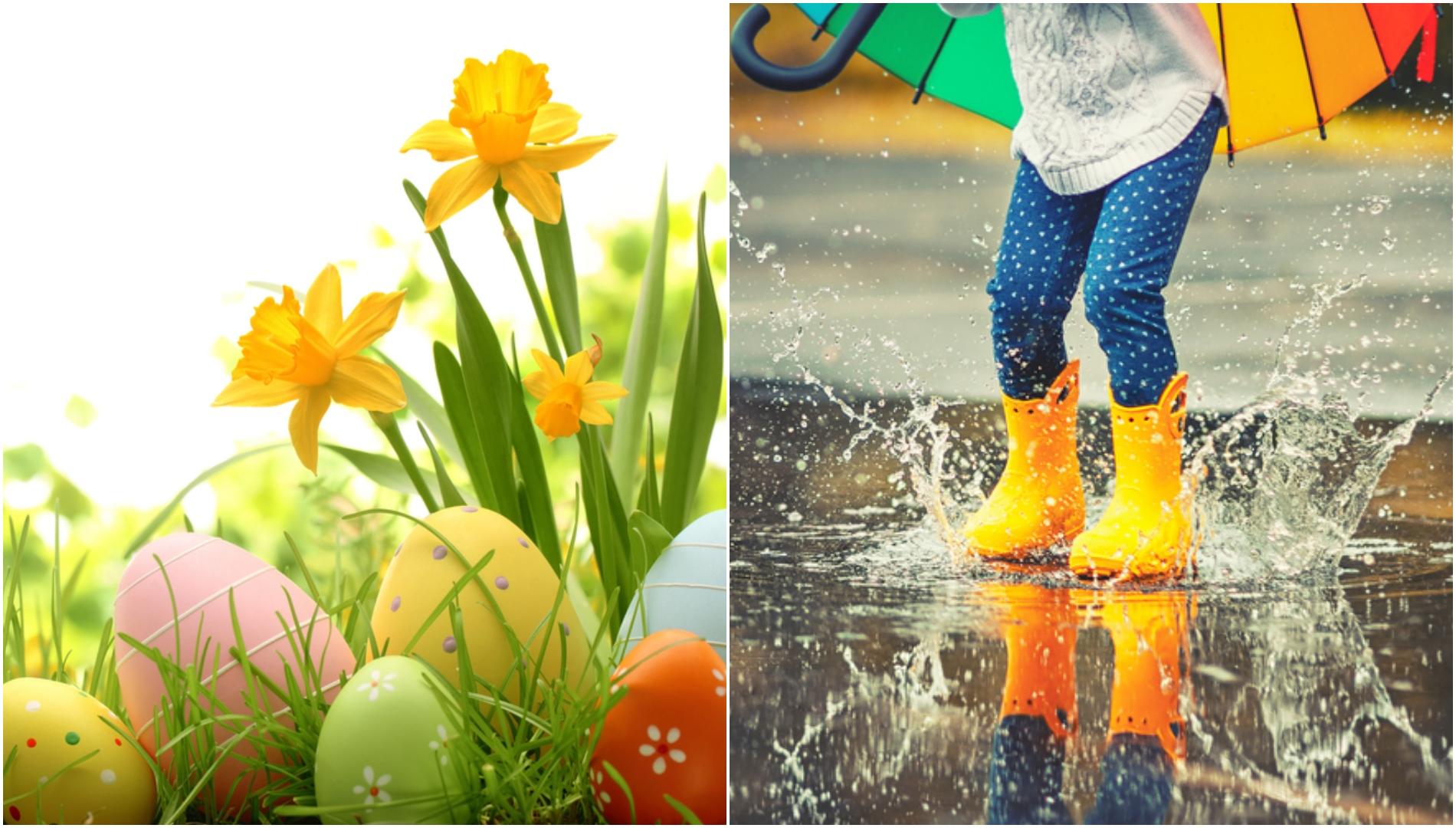 imagine cu oua de paste in iarba si o fetita cu cizme de ploaie care sare într-o băltoacă