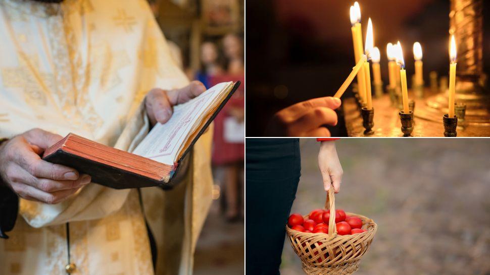 colaj preot cu cartea în mână, mână care aprinde o lumânare lângă altele, mână care ține un coș cu ouă roșii