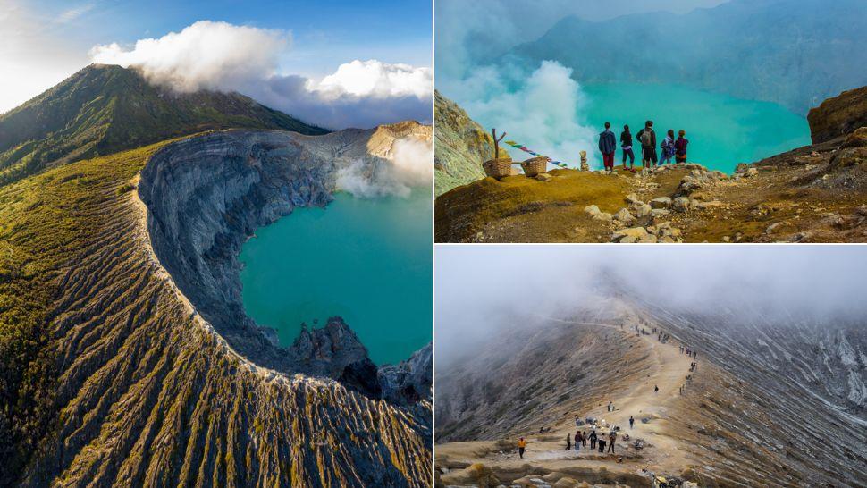 colaj vulcanul ijen, turiști pe marginea vulcanului, turiști pe traseul spre vulcan