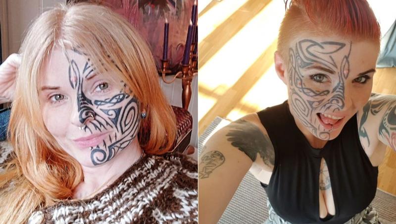 Rona Eriksen, mama a doi copii, a ales să-și tatueze fața cu un tatuaj Viking, spunând că acest gest o ajută să se vindece de o traumă din copilărie.