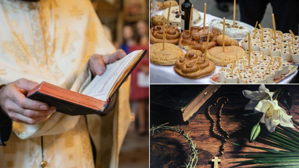 colaj preot citind dintr-o carte în biserică, masă pe care sunt așezate pahare de colivă și colaci, cruce, mătănii și crin alb