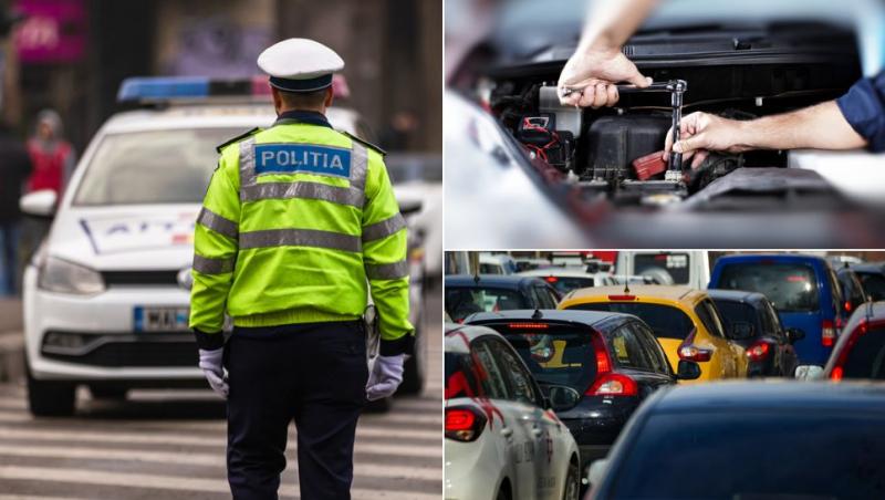 colaj Polițist român lângă o mașină de poliție, mecanic care lucrează la motorul unei mașini și mașini în trafic
